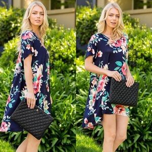 🎉HP🎉 Navy Blue Floral Asymmetrical Swing Dress